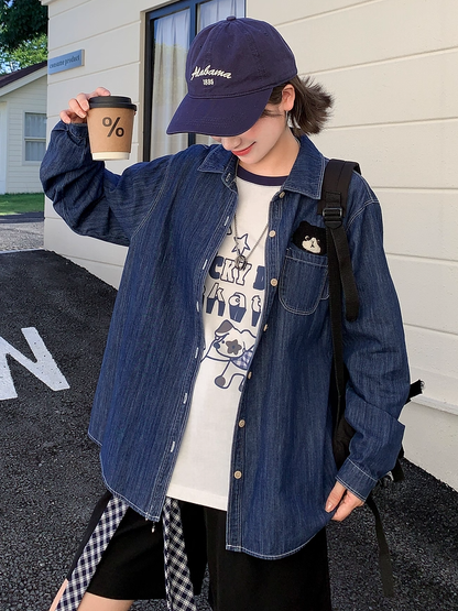 Cute Kitty Embroidery Dark Blue Faded Wash Denim Shirt