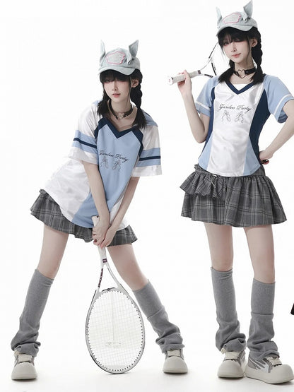 Blue Colorblock Design Blokette Core V-neck T-shirt