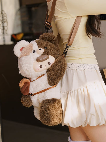 White&Brown Split Color Plush Bear Backpack/Crossbody Bag + Keychain