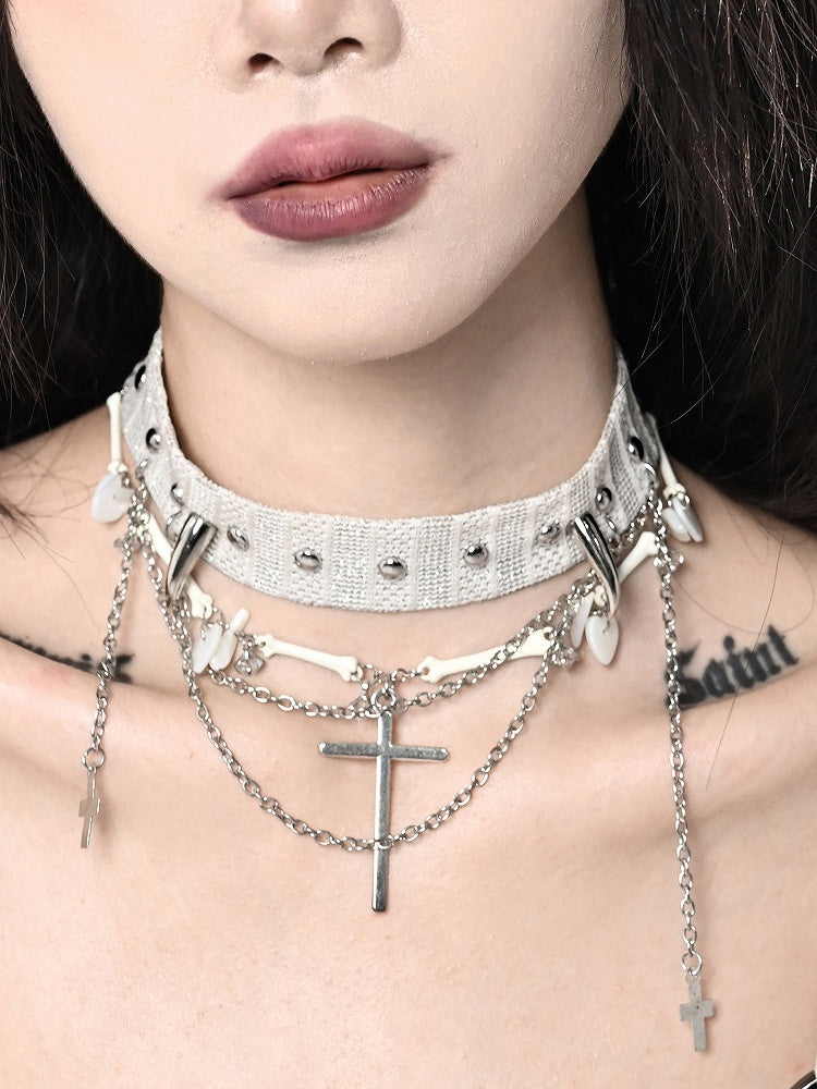 White Punk Stud Cross Pendants Choker