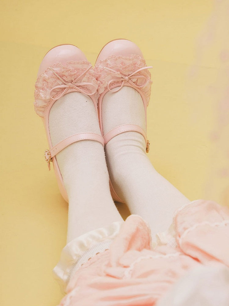 Pink Beaded Round Buckle Bowknot Decorated Multiple Layers Lace Mary Janes