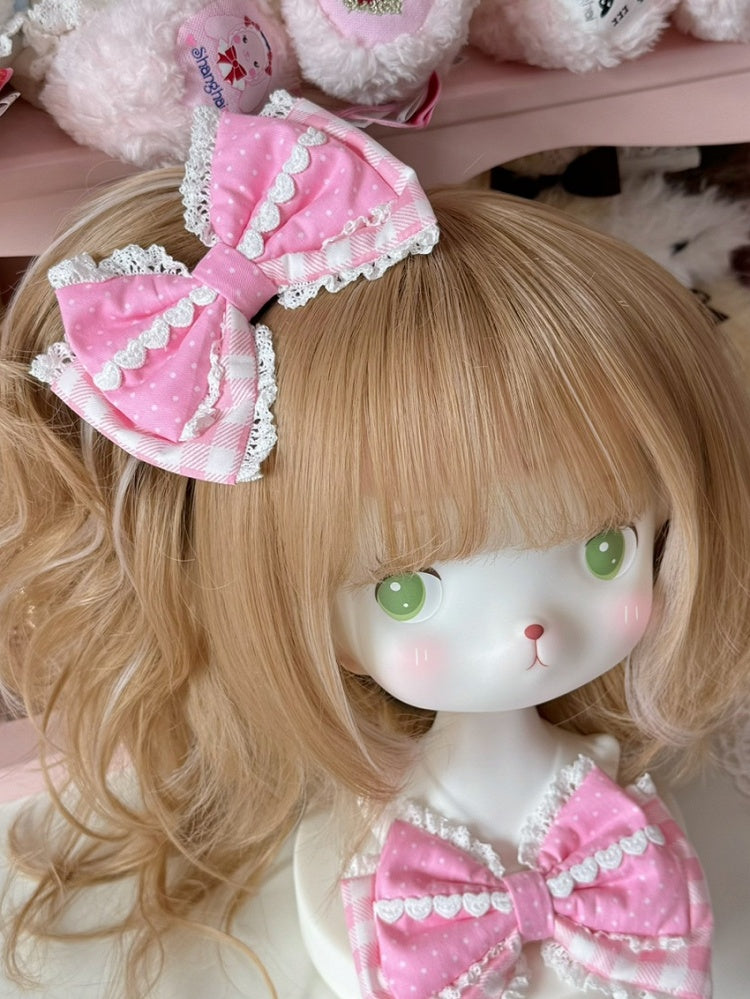5 Color Options Lace Trim Plaid And Polka-dot Pattern Bowknot Hairclip