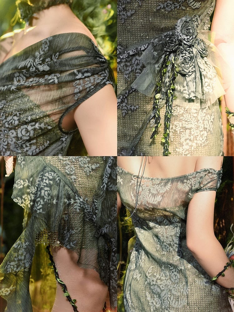 Green Off-the-shoulder Neckline Forest Fairy Goth Cascading Flounce Slit Dress