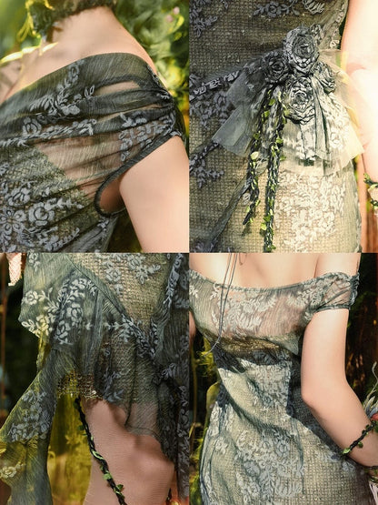 Green Off-the-shoulder Neckline Forest Fairy Goth Cascading Flounce Slit Dress