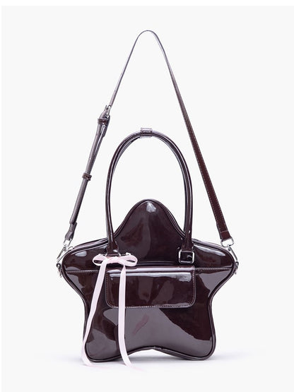 Kawaii 3-Way Glossy Black Star-Shaped Handbag With Ribbon Bow