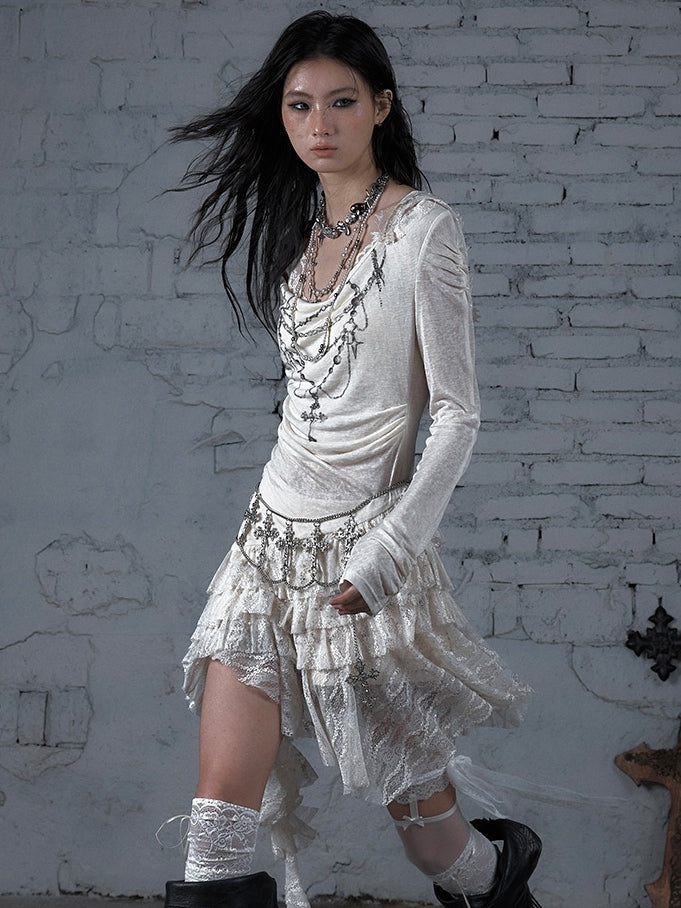 Black/Beige Wasteland Punk Cross Beaded Chain Print Lace Trim Dress