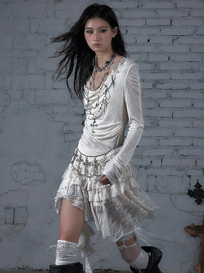 Black/Beige Wasteland Punk Cross Beaded Chain Print Lace Trim Dress