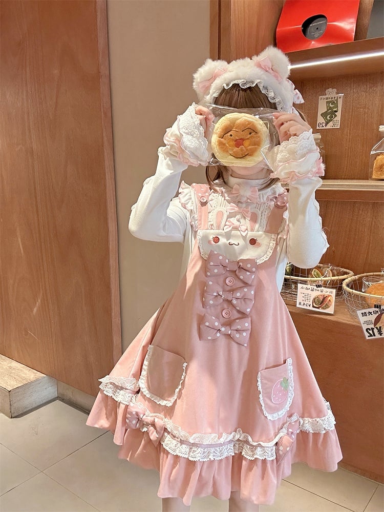 Bunny Ears Design Hood Pink Sweet Lolita Jumper Skirt Polka-dot Bowknot Details on Waist