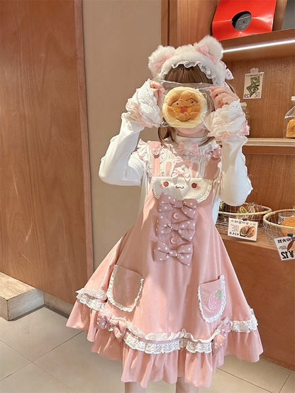 Bunny Ears Design Hood Pink Sweet Lolita Jumper Skirt Polka-dot Bowknot Details on Waist