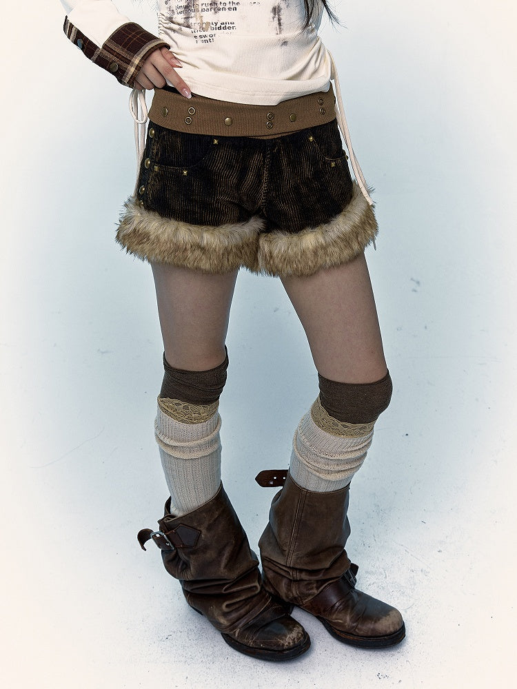 Plush Trim Corduroy Black & Yellow Shorts