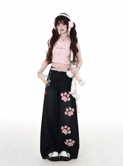 Pink Paw Embroidery Black Low Waist Straight-Leg Jeans
