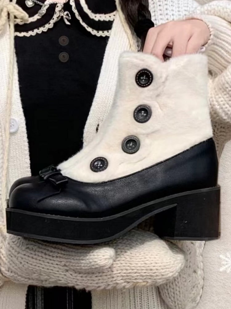 Fleece Lining with Button Embellishments & Functional Inner Zip Design 4cm/6cm Black & White Winter Boots in Elegant Lolita