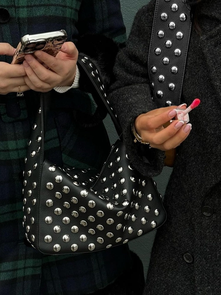 Edgy Black Studded Wide-Strap Shoulder Bag