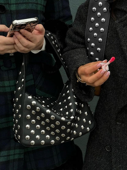 Edgy Black Studded Wide-Strap Shoulder Bag