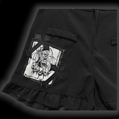 Gothic Black Cross Patches High Waist Ruffle Trim Shorts with Free Waist Chain