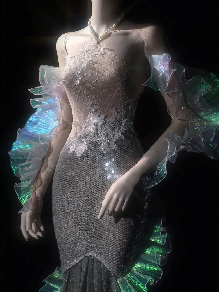 Caudal Fin-shaped Cascading Ruffle Design Sheer Nude Tulle Shrug