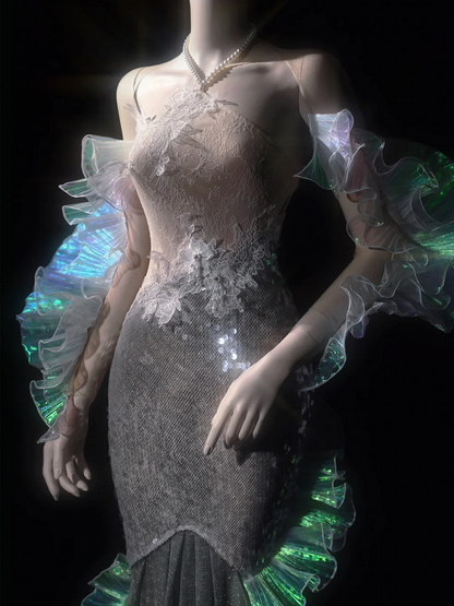 Caudal Fin-shaped Cascading Ruffle Design Sheer Nude Tulle Shrug