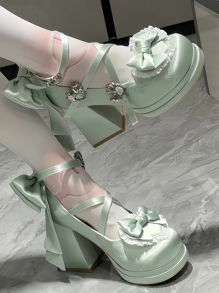 Green Classic Lolita Satin High Block Heel Mary Janes - Detachable Bow, Ornate Heart Elements & Crossed Straps