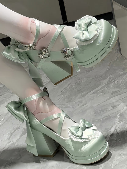 Green Classic Lolita Satin High Block Heel Mary Janes - Detachable Bow, Ornate Heart Elements & Crossed Straps