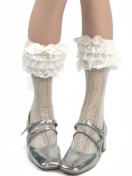 Beige Beaded And Wings Decorated Bowknot Lace Trim Lolita Calf Socks
