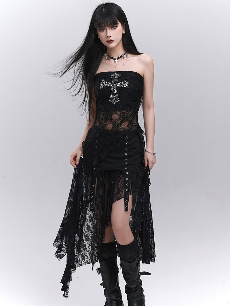 Black Elastic Waist Asymmetrical Hem Side Slit Lace Skirt