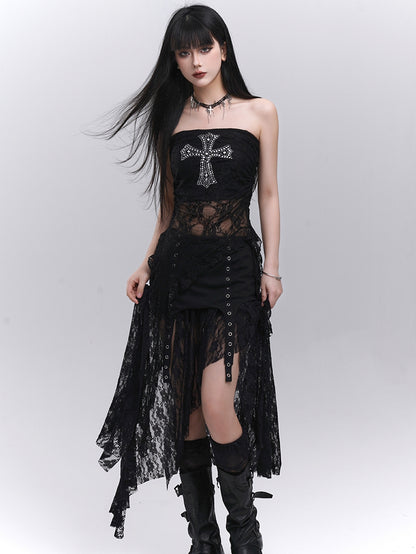 Black Elastic Waist Asymmetrical Hem Side Slit Lace Skirt