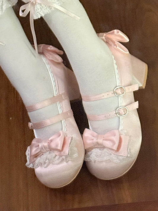 Sweet Pink Lolita Mid-heel Mary Janes - Ruffled Lace Edging, Ornate Bow & Dual Fasteners