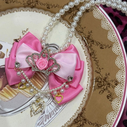 Black/Pink Rhinestone Crown Decorated Bowknot And Heart Pendant Beaded Necklace
