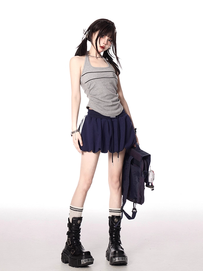 Navy Blue Drawstring Waist Blokette Core Mini Bubble Skirt