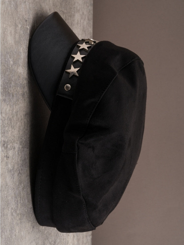 Black Gothic Star-shaped Studs Details Beret Hat