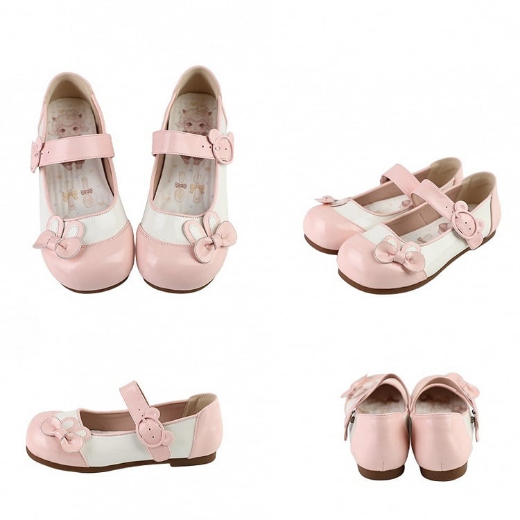 Pink Bunny Ear Bowknot Decorated Bear Buckle Flats