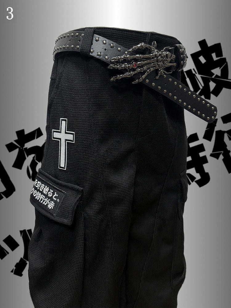 Black Punk Rock Cross And Letter Applique Cargo Pockets Decorated Wide-Leg Cargo Pants
