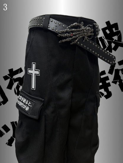 Black Punk Rock Cross And Letter Applique Cargo Pockets Decorated Wide-Leg Cargo Pants