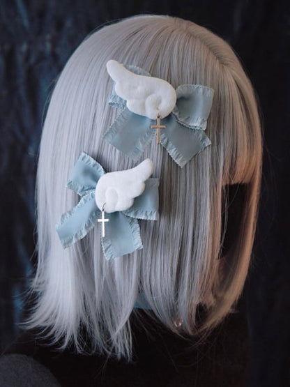 Cross Charm Blue and White Handmade Angel Wings Bowknot Hairclips