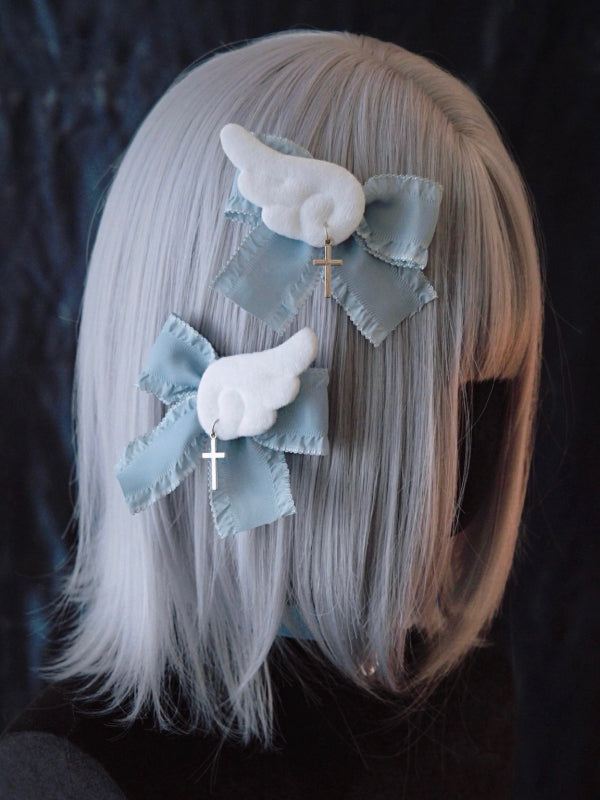Cross Charm Blue and White Handmade Angel Wings Bowknot Hairclips