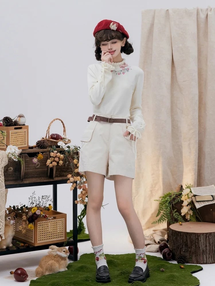 Strawberry Embroidery Neckline Lace-up Cuffs Beige Autumn Knit Top