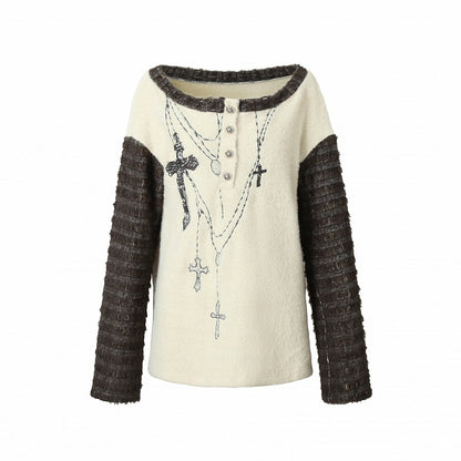 Off-the-shoulder Cross Embroidery Apricot Top with Scarf