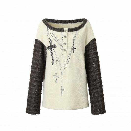 Off-the-shoulder Cross Embroidery Apricot Top with Scarf