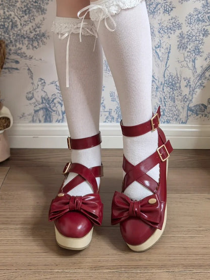 PU Red Sweet Lolita Platform Mary Janes - Crisscross Straps with Wood Grain Sole & Bow at Top