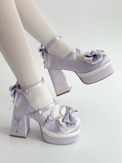 Purple Lolita Lace Bowknot Buckle Straps Fork Embroidery Platform Block High Heels