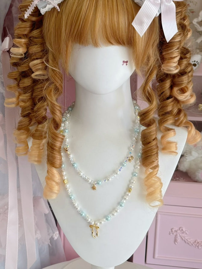 Pink/Blue Bowknot And Floral Pendant Beaded Necklace