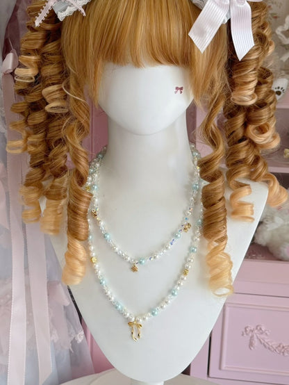 Pink/Blue Bowknot And Floral Pendant Beaded Necklace