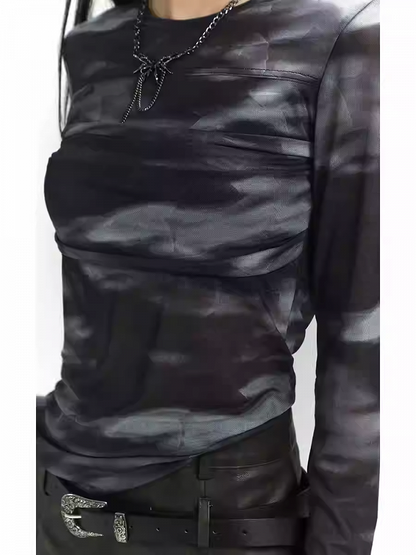 Black Round Neck Tie Dye Slim-fitting Top