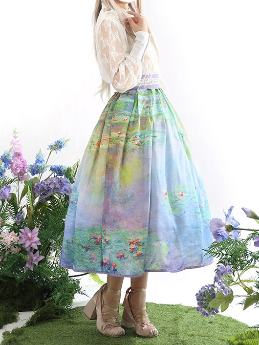 Water Lily Oil Painting Print Gray and Purple High Waist Skirt Long/Short Version
