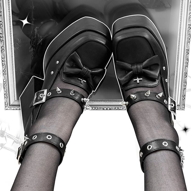 Spike Studs Matte Black Platform Block High Heels Punk Goth Shoes