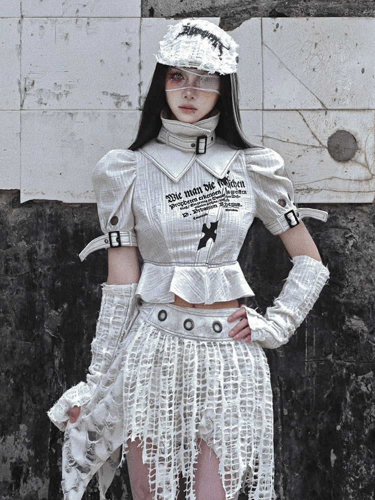 Grey Goth Letters Print Punk Shirt with Detachable Buckle Collar