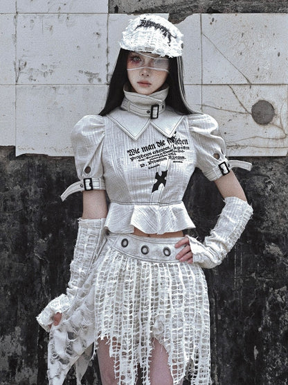 Grey Goth Letters Print Punk Shirt with Detachable Buckle Collar