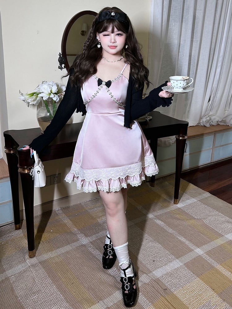 Plus Size Glittering Rhinestones Pink High Waist Sweet Dress