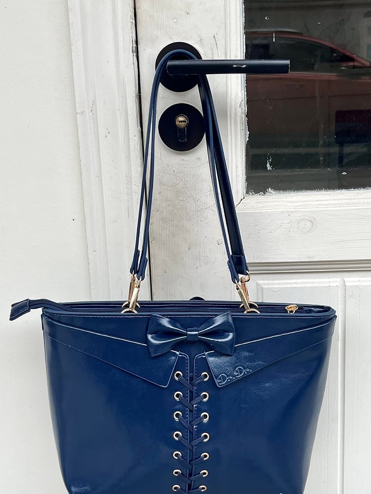 Dark Blue Bow Accents Lace-up Detail Ita Shoulder Bag with Free Charm