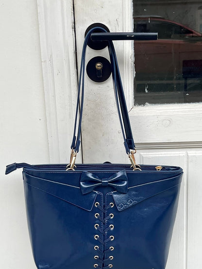 Dark Blue Bow Accents Lace-up Detail Ita Shoulder Bag with Free Charm